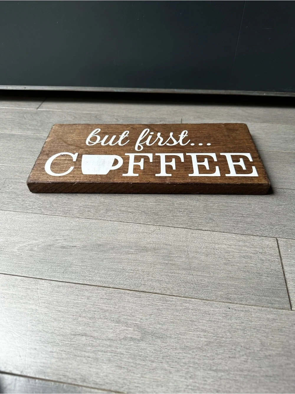 Wooden Rustic Farmhouse But First Coffee Stained Hanging Shelf Kitchen Sign